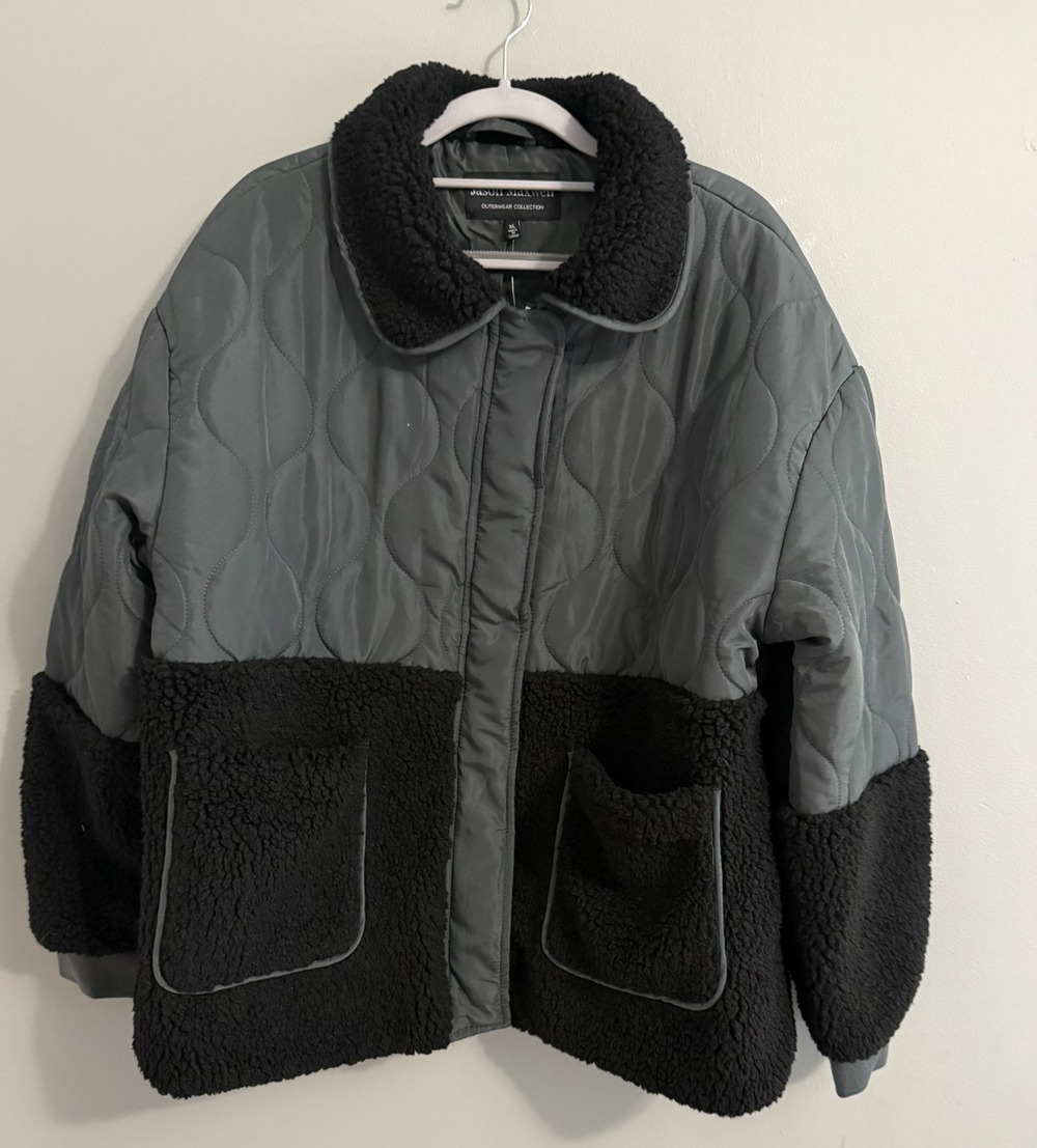 Jason Maxwell Womens XL Quilted Sherpa Jacket Black Gray Faux Shearling NWT